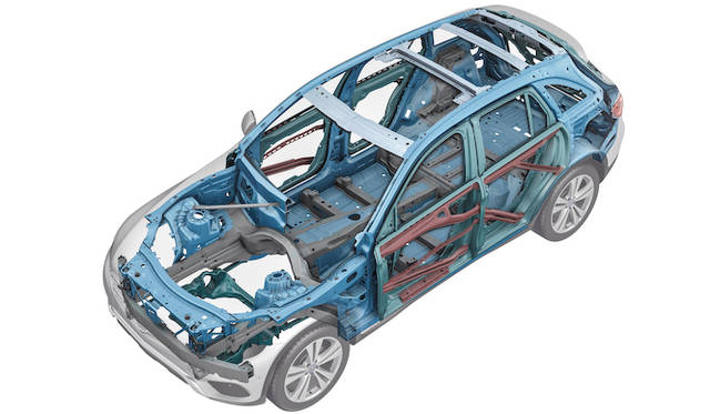 アルミ、超高張力鋼鈑、高張力鋼鈑を複合的に利用することで、軽量化と剛性をたもったボディシェル構造