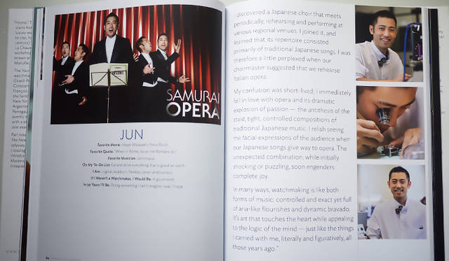 ヌシャテルの日本人のコーラスグループ瑞の会でテノールを担当する植松さん。ジラール ・ペルゴの時計師を紹介するブックでは、植松さんのアーティスティックな一面も紹介されている。