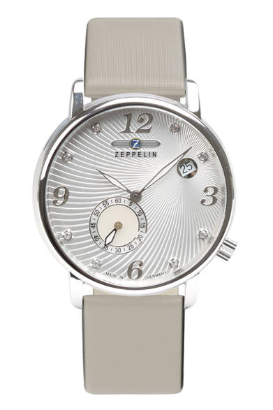 <strong>ツェッペリン ルナ</strong><br />ケース｜ローズゴールドPVD加工ステンレススチール<br />直径｜36mm<br />ムーブメント｜クォーツ<br />機能｜日付表示<br />ストラップ｜レザー<br />防水｜５気圧<br />発売時期｜■■予定<br />予価｜■■万■■円<br />