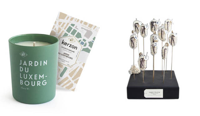 <strong>Bazar et Garde-Manger｜バザー・エ・ガルド-モンジェ</strong><br />左／パリの香料製品のブランド「kerzon（ケルゾン）」の新作キャンドル。パリにある公園をイメージして作られたシリーズで、Bazar et Garde-Manger限定販売。パフュームキャンドル（サシェ1個付き）7020円、右／フランス人女性アーティスト、リンディ・ドゥルト（Lyndie DOURTHE）の布製「歯のブローチ」2万9160円