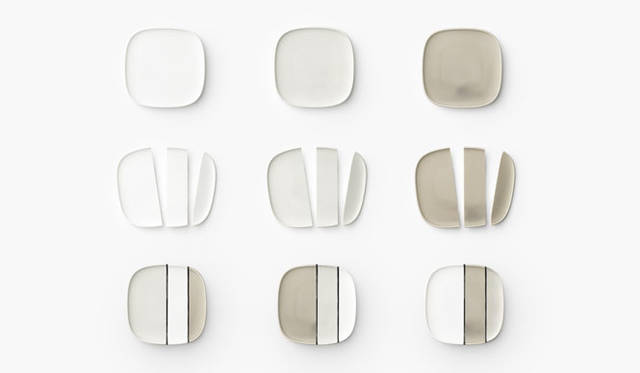 <strong>nendo｜ネンド</strong><br />「cs014（美濃焼）」　1300年有余の歴史をもつ、岐阜県の東濃地域で主につくられる美濃焼。割れた器を修復するため糊漆で繋ぎ合わせる「金継ぎ」と呼ばれる伝統的手法と、戦後の日本の高度成長期を支えてきた「現代の匠」の技術を融合することで、まったくおなじ形状の3色の器をカットして繋ぎ合わせ、パターンが異なる3枚の皿に生まれ変わらせた。焼成した器を寸分違わぬ位置でウォータージェットでカットし、接合のため全体をサンドブラスト加工し、最後に漆で継ぐ。通常の「金継ぎ」は漆の上に金をまきつけるところを、黒漆のみで仕上げていることで、釉薬を塗り分けるのとはまったくちがう佇まいが醸成された。Photographs by IWASAKI Hiroshi