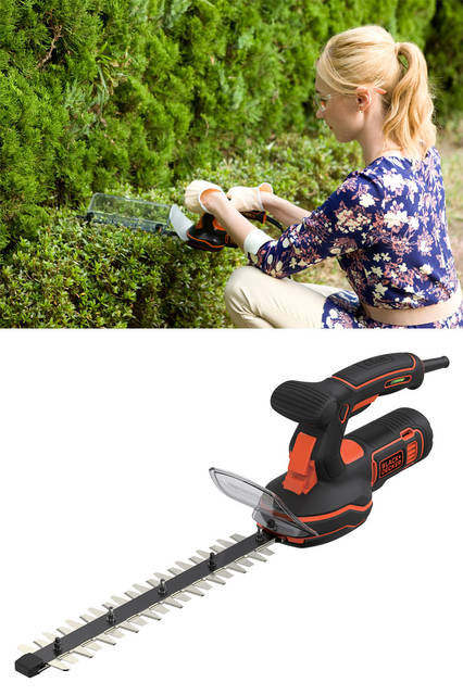 <strong>BLACK+DECKER｜ブラック・アンド・デッカー</strong><br />園芸工具「5in1ポールヘッジ＆芝生バリカン」　ヘッジトリマーモード（庭木・生垣の手入れ）