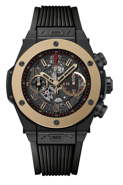 自社製のウニコを搭載し、ベゼルには高硬度の独自のゴールド素材マジックゴールドを採用。<br /><br /><strong>ビッグ・バン ウニコ セラミック マジックゴールド</strong><br />ケース｜ブラックセラミック<br />ベゼル｜マジックゴールド<br />直径｜45mm<br />ムーブメント｜自動巻き（Cal.HUB1242）<br />機能｜クロノグラフ（30分積算計）、日付表示<br />ストラップ｜ブラックラバー<br />防水｜10気圧<br />価格｜276万4800円<br />