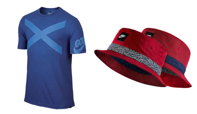 左／ナイキ ゴルフ X（メンズ Tシャツ）4320円、右／ナイキ ゴルフ ウィンド スワール（バケット キャップ）各4104円