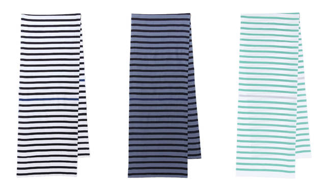 SCARF BY KAMAWANU「Stripes White/Blue/Leaf Green（ストライプ ホワイト/ブルー/リーフグリーン）」。各5400円
