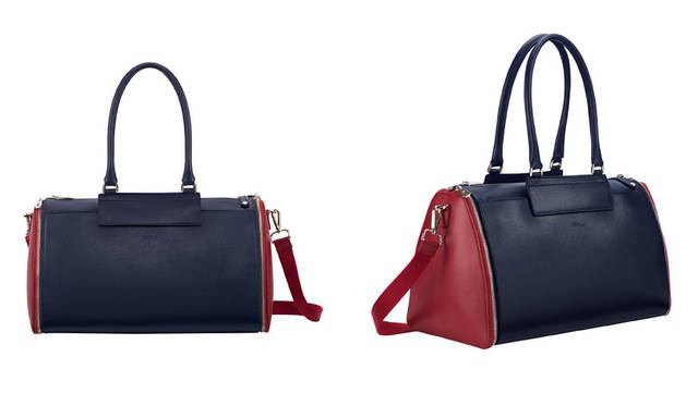 <strong>FURLA｜フルラ</strong><br />2015年秋冬コレクション　メンズ「MODULAR BAG（モジュラーバッグ）」（マテリアル：ラミネート加工レザー（牛革）／カラー：ネイビー&カベルネレッド／サイズ：W42.5×H26×21.5cm）12万5280円　※別売のボディーパーツは10万8000円（別売のホースヘア風カウファー素材ボディーもあり）