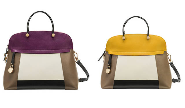 <strong>FURLA｜フルラ</strong><br />2015年秋冬コレクション　人気の「PIPER」にカラーブロックモデルが新登場。愛されつづけるアイコンバッグにトレンド感をプラス。ウィメンズ「PIPER（パイパー）」（マテリアル：ラミネートレザー／カラー：パープル＆オフホワイト＆ベージュ、マスタードイエロー＆オフホワイト＆ベージュ／サイズ：W34×H28×D15cm）7万1280円