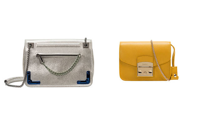 <strong>FURLA｜フルラ</strong><br />2015年秋冬コレクション　左／ステッチやデザインなど細部までこだわりをちりばめたチェーンバッグ。存在感大でパーティでも大活躍間違いなし。「DIANA（ディアーナ）」（マテリアル：メタリックバッファローレザー／カラー：シルバー／サイズ：W25.5×H18.5×D9cm）9万1800円、右／発売以来たちまち大人気のミニポシェット。差し色にぴったりのマスタードイエローで秋らしいスタイリングに。「METROPOLIS（メトロポリス）」（マテリアル：ラミネートレザー／カラー：マスタードイエロー／サイズ：W16.5×H12×D8cm）4万5360円