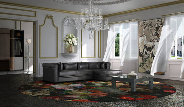 ソファ「La Scena（ラ・シェーナ）001」、ローテーブル「Stone Natural Low Table」（※近日発売予定）、フロアランプ「Amaryllis」（TOYO KITCHEN STYLE）、ライト「Intemporel Royal」（Saint Louis）（※近日発売予定）、カーペット「Eden Queen」（moooi）（※近日発売予定）、ウォールデコ「若冲コレクション」（SICIS）、フラワーベース「Strypy」（bosa）