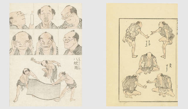 <strong>MITSUKOSHI｜日本橋三越本店</strong><br />「北斎漫画の世界へようこそ」　左／北斎漫画「百面相、八艘飛」（文政2年（1819）／17.5×12.3cm）29万1600円、右／北斎漫画「さぎすもふ／三尺すもふ」（額寸W39×D29×H3cm）22万6800円