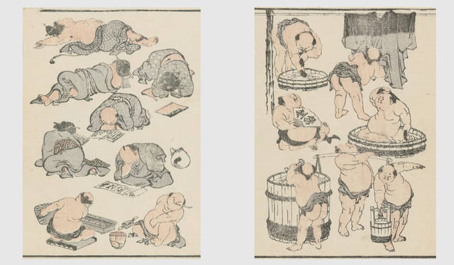 <strong>MITSUKOSHI｜日本橋三越本店</strong><br />「北斎漫画の世界へようこそ」　左／北斎漫画「狂画葛飾振　太った人々 II」（額寸W39×D29×H3cm）29万1600円、右／北斎漫画「士卒英気養図」（額寸W39×D29×H3cm）29万1600円