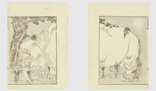 <strong>MITSUKOSHI｜日本橋三越本店</strong><br />「北斎漫画の世界へようこそ」　北斎漫画「群盲象を撫でる」（2枚あわせて1作品として販売／額寸W39×D29×H3cm）48万6000円