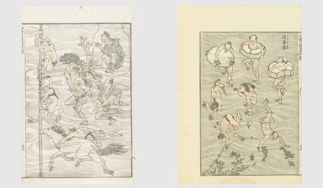 <strong>MITSUKOSHI｜日本橋三越本店</strong><br />「北斎漫画の世界へようこそ」　左／北斎漫画「水中遊泳」（額寸W39×D29×H3cm）27万円、右／北斎漫画「浮腹巻」（額寸W39×D29×H3cm）27万円