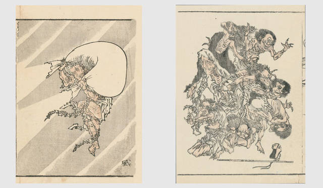 <strong>MITSUKOSHI｜日本橋三越本店</strong><br />「北斎漫画の世界へようこそ」　左／北斎漫画「風神」（額寸W39×D29×H3cm）29万1600円、右／北斎漫画「妖怪」（額寸W39×D29×H3cm）27万円