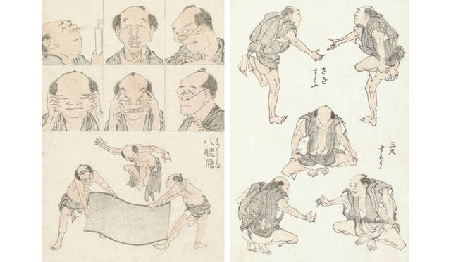 <strong>MITSUKOSHI｜日本橋三越本店</strong><br />「北斎漫画の世界へようこそ」　左／北斎漫画「百面相、八艘飛」（文政2年（1819）／17.5×12.3cm）29万1600円、右／北斎漫画「さぎすもふ／三尺すもふ」（額寸W39×D29×H3cm）22万6800円