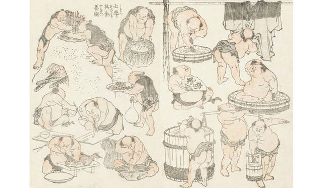 <strong>MITSUKOSHI｜日本橋三越本店</strong><br />「北斎漫画の世界へようこそ」　左／北斎漫画「狂画葛飾振　太った人々 II」（額寸W39×D29×H3cm）29万1600円、右／北斎漫画「士卒英気養図」（額寸W39×D29×H3cm）29万1600円