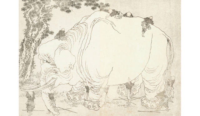 <strong>MITSUKOSHI｜日本橋三越本店</strong><br />「北斎漫画の世界へようこそ」　北斎漫画「群盲象を撫でる」（2枚あわせて1作品として販売／額寸W39×D29×H3cm）48万6000円