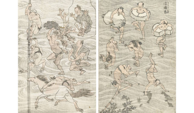 <strong>MITSUKOSHI｜日本橋三越本店</strong><br />「北斎漫画の世界へようこそ」　左／北斎漫画「水中遊泳」（額寸W39×D29×H3cm）27万円、右／北斎漫画「浮腹巻」（額寸W39×D29×H3cm）27万円