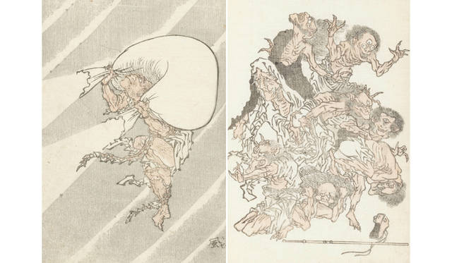 <strong>MITSUKOSHI｜日本橋三越本店</strong><br />「北斎漫画の世界へようこそ」　左／北斎漫画「風神」（額寸W39×D29×H3cm）29万1600円、右／北斎漫画「妖怪」（額寸W39×D29×H3cm）27万円