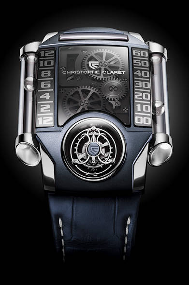 <strong>X-TREM１ ブルー</strong><br />ケース｜18Kホワイトゴールド＋スレートブルーPVD加工チタニウム<br />サイズ｜縦50.8×横40.8mm<br />厚さ｜15mm<br />ムーブメント｜手巻き（Cal.FLY11）<br />機能｜トゥールビヨン（6時位置底面）、ケース左右の鋼球による時分表示<br />ストラップ｜アリゲーター<br />防水｜3気圧<br />限定数｜8本<br />発売時期｜未定<br />予価｜5100万円<br />