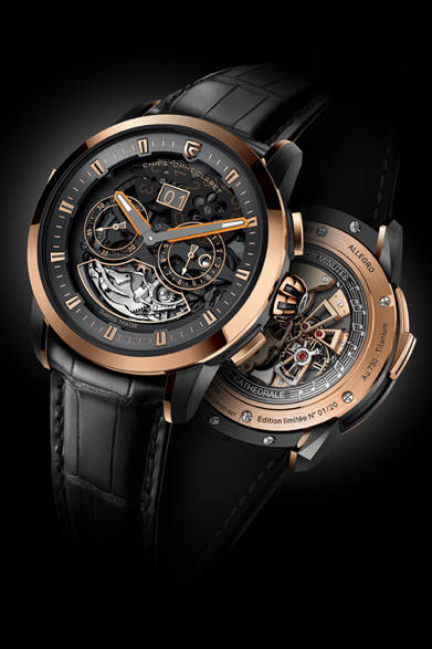 <strong>アレグロ</strong><br />ケース｜18Kレッドゴールド＋アントラサイトPVD加工チタニウム<br />直径｜45mm<br />厚さ｜8.2mm<br />ムーブメント｜自動巻き（Cal.ALG89）<br />機能｜ミニッツリピーター、GMT表示（3時位置インダイヤル）、昼夜表示、日付表示（2枚のディスクによるビッグデイト）<br />ストラップ｜アリゲーター<br />防水｜3気圧<br />限定数｜20本<br />発売時期｜未定<br />予価｜5616万円<br />