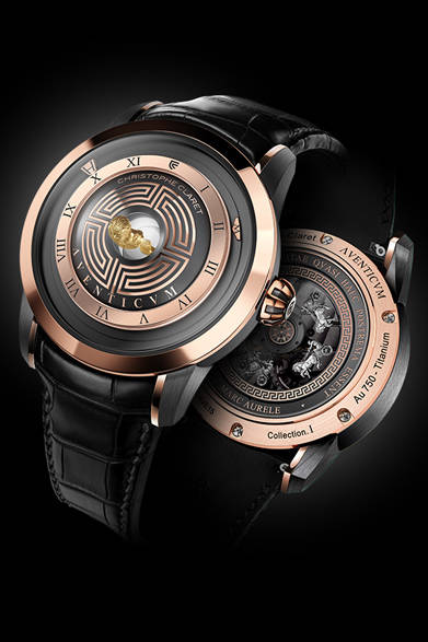 <strong>アヴェンティクム</strong><br />ケース｜18Kレッドゴールド＋アントラサイトPVD加工チタニウム<br />直径｜44mm<br />厚さ｜18.49mm<br />ムーブメント｜自動巻き（Cal.AVE15）<br />ストラップ｜アリゲーター<br />防水｜3気圧<br />限定数｜68本<br />発売時期｜未定<br />予価｜972万円<br />