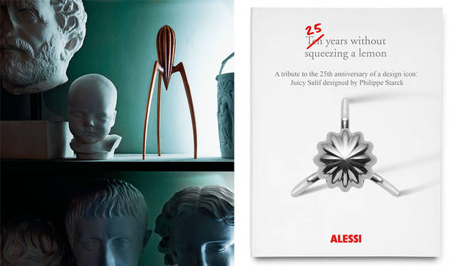 フィリップ・スタルクデザイン「Juicy Salif（ジューシーサリフ)」、右／「美しすぎて絞ることができない」というミシェル・コゴによるシニカルなコピーがついた、記念冊子『Twenty-Five Years Without Squeezing a Lemon』