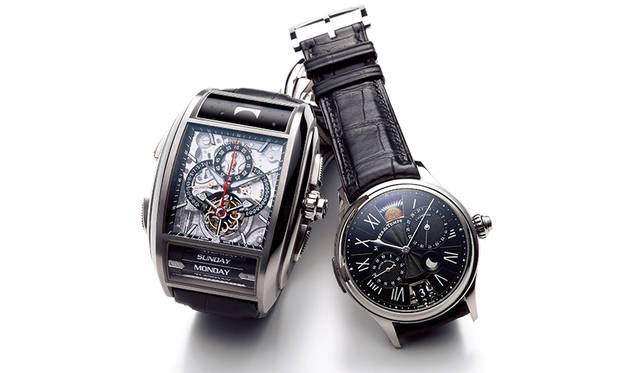 （左）<strong>チャプターワン・トノー・トランスペアレンス・チタニウム</strong><br />ケース｜チタン＆18KWG<br />サイズ｜62.6×45.9mm<br />機能｜トゥールビヨン、ワンプッシュクロノグラフ、れとろぐらーどレトログラード・デイト、レトログラードGMT、デイ表示ローリングバー<br />防水｜非防水<br />価格｜8596万8000円<br /><br />（右）<strong>チャプタースリー・ミッドナイトブルー</strong><br />ケース｜18KWG<br />直径｜42mm<br />機能｜デイトインジケーター、ムーンフェイズ、開閉式デイ＆ナイト表示ローリングバー、開閉式セカンドタイムゾーン表示ローリングバー<br />防水｜3気圧<br />価格｜1620万円<br />