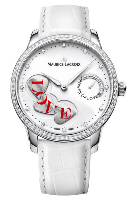<strong>マスターピース パワー・オブ・ラブ</strong><br />ケース｜ステンレススチール、ダイヤモンド<br />直径｜43mm<br />厚さ：14.2mm<br />ムーブメント｜自動巻き（ML256)<br />機能｜3つのハート型歯車が1分間で“LOVE”を描く<br />ストラップ｜クロコダイル<br />防水｜5気圧<br />限定数｜世界限定88本<br />発売時期｜2015年10月予定<br />予価｜180万円<br />