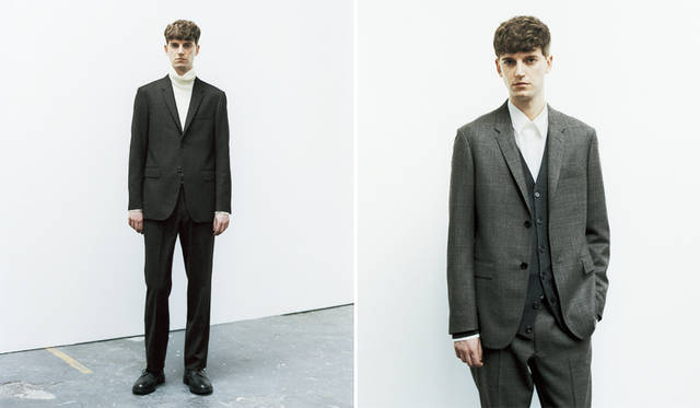  写真左は、「FOX BROTHERS」社の「SUPER FINE SERGE」を使ったセットアップ。生地の起毛感と光沢感が印象的で、ドレスダウンした装いも楽しめる。ジャケット9万7200円、ニット2万5920円、トラウザーズ4万8600円、シューズ8万9640円（すべてマーガレット・ハウエル） 写真右は、スコットランドの老舗「Lovat」社の「FINE MERINO SHADOW CHECK」を使ったセットアップ。グレーの濃淡を使いチェックを表現することで、クラシックな表情に仕上がっている。ジャケット9万720円、カーディガン4万2120円、シャツ3万2400円、トラウザーズ4万6440円（すべてマーガレット・ハウエル）