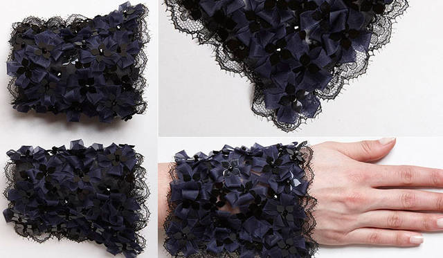 <strong>TOYO KITCHEN STYLE｜トーヨーキッチンスタイル</strong><br />シャツカフ（付け袖）ブランド「Catherine Osti（キャサリン・オスティ）」　クチュール コレクション「Origami（オリガミ）」は、数々の有名メゾンのオートクチュールドレスに刺繍をほどこすパリのアトリエ“Lesage（ルサージュ）”とのコラボレーションから生まれた、ネイビーの小さな花と黒のビジューが繊細なレースで縁取られたカフス。31万8600円