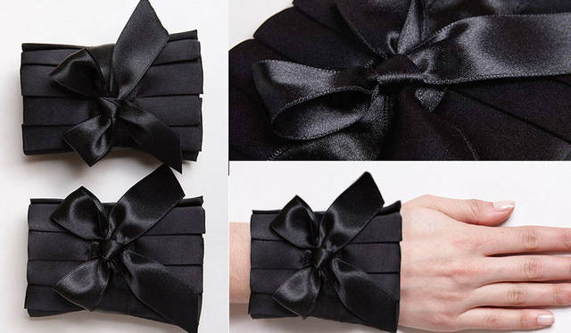 <strong>TOYO KITCHEN STYLE｜トーヨーキッチンスタイル</strong><br />シャツカフ（付け袖）ブランド「Catherine Osti（キャサリン・オスティ）」　レディ トゥ ウェア コレクション「Black Silk Satin（ブラック シルク サテン）」は、黒いシルクサテンのプリーツをリボンで包みこんだカフス。2万5920円