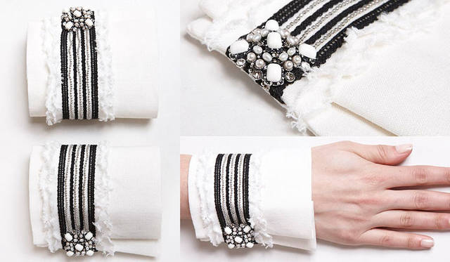 <strong>TOYO KITCHEN STYLE｜トーヨーキッチンスタイル</strong><br />シャツカフ（付け袖）ブランド「Catherine Osti（キャサリン・オスティ）」　レディ トゥ ウェア コレクション「Unbleached Linen（アンブリーチド リネン）」は、無漂白の柔らかな色合いのホワイトリネンをシルバーチェーンとビジューで飾り、黒のレースがアクセントのリネンカフス。3万1320円