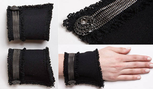 <strong>TOYO KITCHEN STYLE｜トーヨーキッチンスタイル</strong><br />シャツカフ（付け袖）ブランド「Catherine Osti（キャサリン・オスティ）」　レディ トゥ ウェア コレクション「Black Crepe And Chains（ブラック クレープ アンド チェーンズ）」は、ブラックチェーンがブレスレットのように輝く、ブレードの縁取りがほどこされた黒いウールカフス。3万5640円