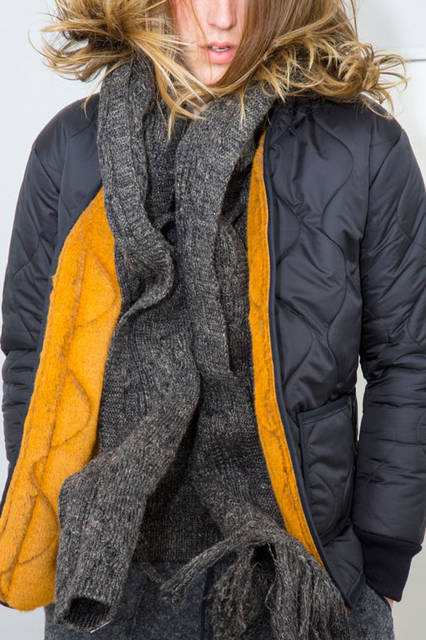 <strong>doublet｜ダブレット</strong><br /><strong>2015-16年 秋冬コレクション</strong>　QUILTING LINER BLOUSON 3万8880円、CABLE KNIT NECK SCARF 2万5920円