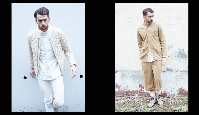 <strong>Bernabeu｜ベルナベウ</strong><br /><strong>2015-16年 秋冬コレクション</strong>　左／Blouson 4万5360円、Shirts 2万1600円、Inner 1万4040円、右／Jacket 3万6720円、Pants 2万4840円