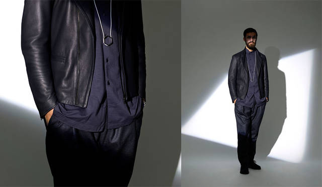 <strong>[Milok]｜[ミロック]</strong><br /><strong>2015-16年 秋冬コレクション</strong>　レザーライダース16万2000円、シャツ2万9160円、パンツ3万1320円、ネックレス2万7000円、ブーツ7万3440円