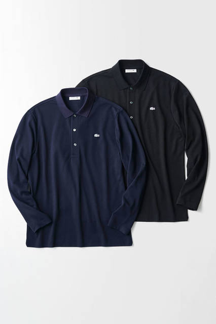 同ブランドの定番アイテムとなったロンポロも、さらなる進化を遂げた。ウールと吸水速乾性のあるクールマックス®ファブリックを混紡し、外気と室内の寒暖差に対応できる機能性をもつ。<br />ポロシャツ1万3000円（ラコステ）