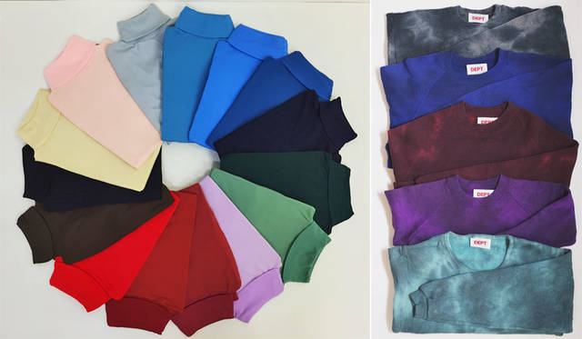 <strong>DEPT｜デプト</strong><br />「DEPT@VACANT（デプトアットバカント）」　左／ドイツ製のデッドストックのタートルネックトップス（レディス）15色×4サイズ展開を発売。右／ユーズドのスウェットをむら染めにしたオリジナルアイテムはメンズ・レディスを展開