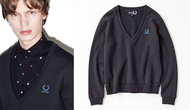 <strong>Fred Perry｜フレッドペリー</strong><br />「Raf Simons×Fred Perry」Autumn&Winter 2015　左／セーター 2万3760円、シャツ2万8080円、右／セーター 2万3760円