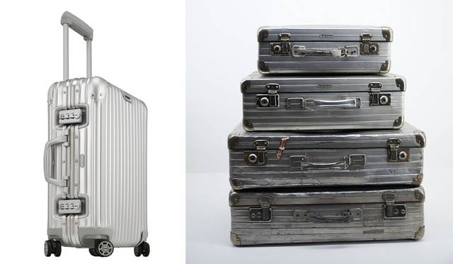 <strong>RIMOWA｜リモワ</strong><br />左／DNAを引き継ぐ現在のTOPAS（TOPAS Cabin Mltiwheel®　55.0×40.0×20.0cm／4.2kg 32ℓ）10万8000円、右／ジュラルミン製、特徴的なグルーヴ構造をもった1950年代のトランク（RIMOWA過去のヴィンテージケース）