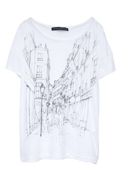 <strong>pas de calais｜パドカレ</strong><br />2015-16年秋冬コレクション「パリ エディション コレクション」コットンモダール天竺parisの街並みプリントTシャツ（ホワイト）