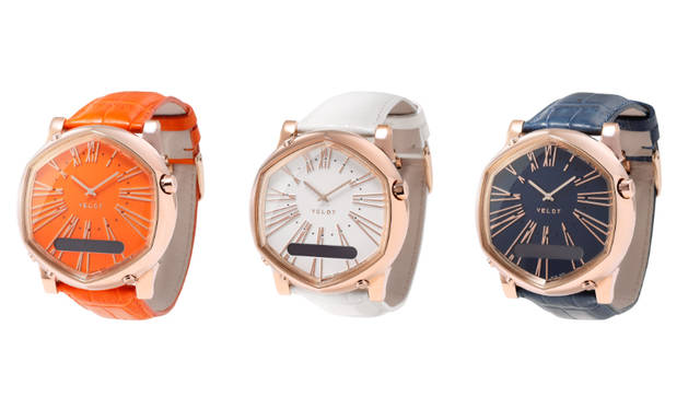 <strong>「VELDT SERENDIPITY Model V Vesper」</strong><br /> 価格｜18万1440 円<br /> カラー｜ホワイト、オレンジ、ネイビー<br /> ケース｜ステンレススチール（IPローズゴールド）<br /> 直径｜約48mm<br /> 防水｜IPX7<br /> ストラップ｜アリゲーター<br /> ムーブメント｜クォーツ（ボタン電池約3年間）<br /> 対応OS｜iOS7以降<br /> バッテリー｜持続期間：約1週間、充電方式：マイクロUSBケーブルをPCまたは電源アダプタに接続<br /> LED表示｜96×16ピクセルLED表示ディスプレイ、文字盤インデックスにRGB LED×24<br /> 通信規格｜Bluetooth Ver.4.0 Low Energy<br /> 機能｜着信通知、メール・SNSの他iOSの通知センターで設定可能なすべてのアプリからの通知機能、スケジュール、世界時計、天気予報、電子コンパス、タイマー、活動量計、置き忘れ防止機能、登録地点へのタクシー配車サービス(東京地区のみ) <br /> ※すべての機能を利用するには、iOS7以降を搭載したiPhoneが必要