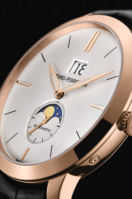 <strong>ジラール・ペルゴ 1966　ラージデイト&ムーンフェイズ</strong><br />ケース｜ピンクゴールド<br />直径｜41mm<br />防水｜30m(3気圧)<br />ムーブメント｜自動巻き<br />パワーリザーブ｜約46時間<br />機能｜ラージデイト、ムーンフェイズ表示<br />価格｜254万8800円