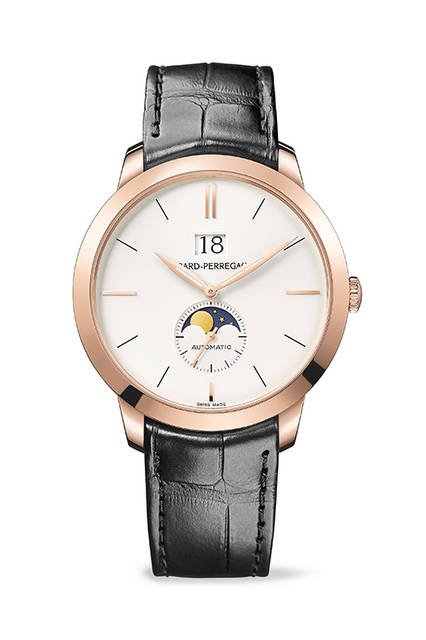 <strong>ジラール・ペルゴ 1966　ラージデイト&ムーンフェイズ</strong><br />ケース｜ピンクゴールド<br />直径｜41mm<br />防水｜30m(3気圧)<br />ムーブメント｜自動巻き<br />パワーリザーブ｜約46時間<br />機能｜ラージデイト、ムーンフェイズ表示<br />価格｜254万8800円