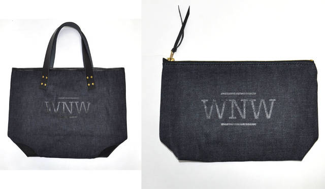 <strong>WORK NOT WORK｜ワーク ノット ワーク</strong><br />阪急メンズ大阪 5階「WORK NOT WORK URBAN RESEARCH 阪急メンズ大阪店」　阪急メンズ大阪先行販売アイテム　左「WNW × The Superior Labor Leather Handle Denim Tote」2万1600円、右「WNW × The Superior Labor Rubber Print Denim Poach」3240円