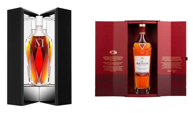 左：<strong>「ザ・マッカラン Mデキャンタ」</strong><br />希望小売価格｜70万円［700mL］　<strong>※40本限定</strong><br />アルコール度数｜44%<br /><br />右：<strong>「ザ・マッカラン レアカスク」</strong><br />希望小売価格｜2万5000円［700mL］<br />アルコール度数｜43%<br />発売中<br />