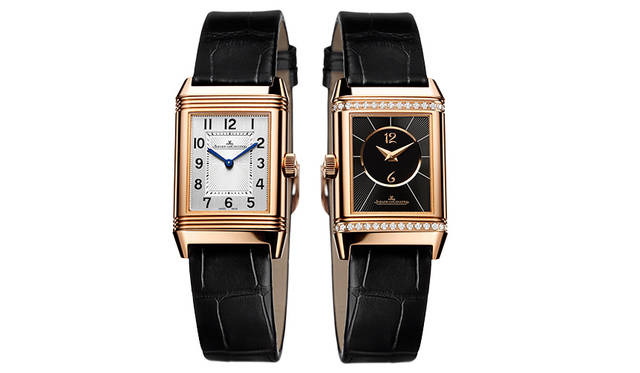 <strong>レベルソ・クラシック・スモール・デュエット</strong><br />ケース｜18Kピンクゴールド（反転ケース裏面にダイヤモンド付き）<br />サイズ｜縦34×横21mm<br />厚さ｜8.7mm<br />ムーブメント｜手巻き（Cal.844）<br />機能｜時・分表示<br />ストラップ｜クロコダイル<br />防水｜3気圧<br />価格｜216万円<br />