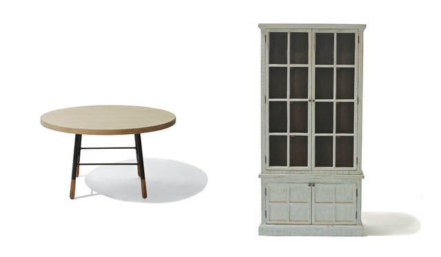 「SLOW HOUSE（スローハウス）二子玉川」　左、「LOSTINE Coffe Table」　「うしくデザインされた実用品により、豊かなライフスタイルが形成される」というビジョンのもと、2011年にアメリカ・フィラデルフィアで設立された新鋭のブランド「LOSTINE（ロスティン）」。正円にかたどられたオーク材の天板を支える4本のレッグは、黒で塗装されたスチールとナチュラル色のオーク材でつくられている。丸みを帯びたレッグの先端に、ロスティンならではのこだわりがうかがえる。12万9600円（サイズ｜約W86.4×D86.4×H46cm）<br>右、リサイクルされたパイン材でつくられた“Ivaro”カップボード。特徴的な木目のパイン材の上に、ラフな白塗装をほどこしているため、現代的な空間にもよく合うヴィンテージ感に仕上がっている。19万3320円（サイズ｜約W90×D38×H180cm）