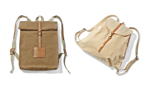 「SLOW HOUSE（スローハウス）二子玉川」　左、「THIS IS PAPER ロールバックパック」　「THIS IS PAPER」ならではのユニークな発想でデザインされた、内容量に合わせて本体上部を折り畳んで大きさを調整し、最後にレザーのベルトで留めるバッグパック。2万3760円<br>右、「THIS IS PAPER クラシックバックパック」　ベジタブルタンニンでなめされたレザーや、エイジングを感じさせるバックルなど、細部にまでこだわってつくられたバックパック。軽量でコンパクトなサイズながら、雨風にも対応可能な素材が使われた実用派。1万6200円